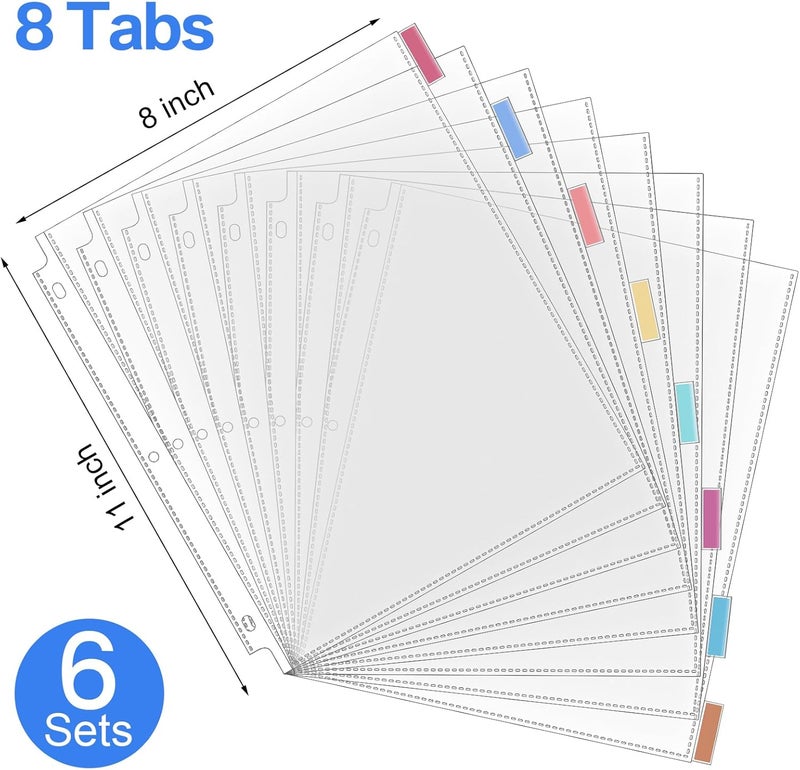 ReliThick 6 Set of 48 Pack Clear Sheet Protectors 8.5 x 11 Inch Page Protector for 3 Ring Binder with 8 Tabs Plastic Dividers for 3 Ring Binder, Insertable Index Page Divider Multicolor Tabs - Image 2